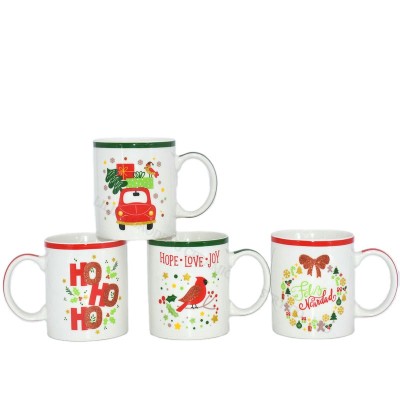 11OZ christmas ceramic mugs with red and green glitter print