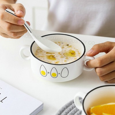 OEM designs logos pure white double-ear ceramic soup bowls with handle for soup /breakfast