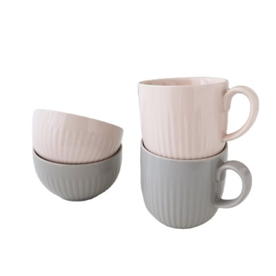 glazed  porcelain embossed mug and bowl with embossment patterns