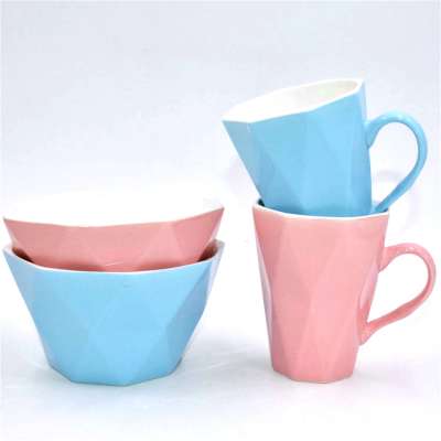 Solid color Ceramic embossed bowl and mug set for couple