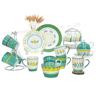 Dinnerware set with flower designs, green dinner plate set