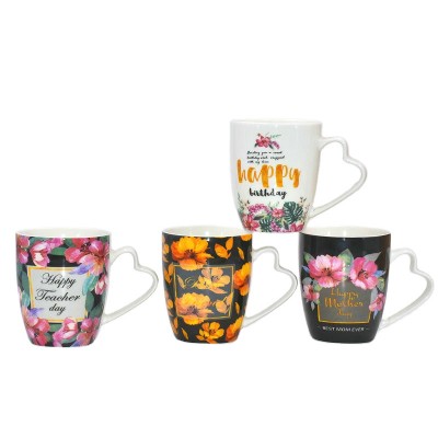 Ceramic mug with flower decal high quality new bone china mug with heart shape handle