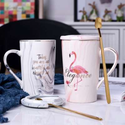 Ceramic gift mug with lid flamingo design couple mugs new bone china with real gold